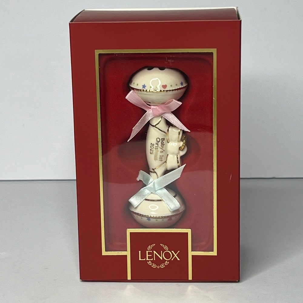 Lenox 2025 Babys 1st Christmas Rattle Ornament Porcelain Ivory Gold 897117